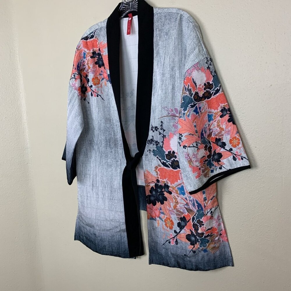 IC By Connie K Womens S Kimono Cardigan Floral Artsy Tie Asian Jacket Tunic Top - Picture 4 of 13